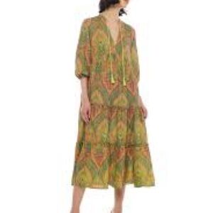 Boho silk Green and Orange Midi Dress